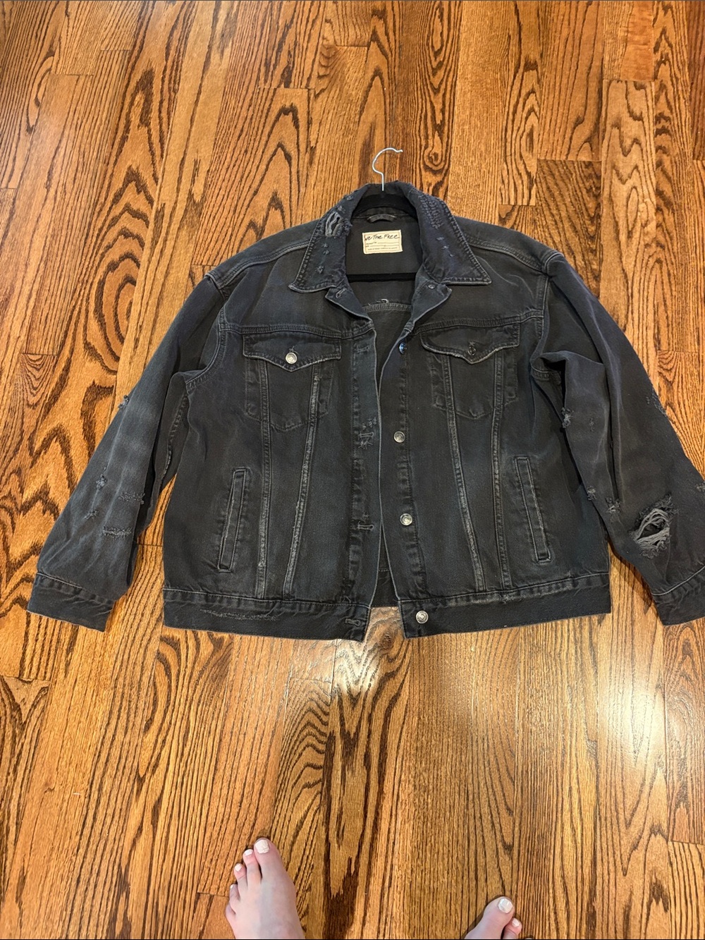 We The Free Washed Black Distressed Denim Jacket